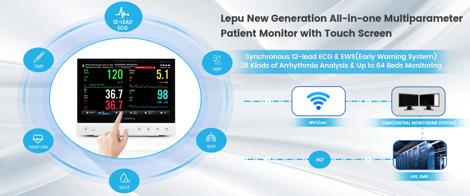 Lepu Medical AiView V12 draagbare alles-in-één vitale tekens Monitor AI-analyze Diagnose Multiparameter Patiëntmonitor met touchscreen voor ziekenhuis ICU Clinical Home